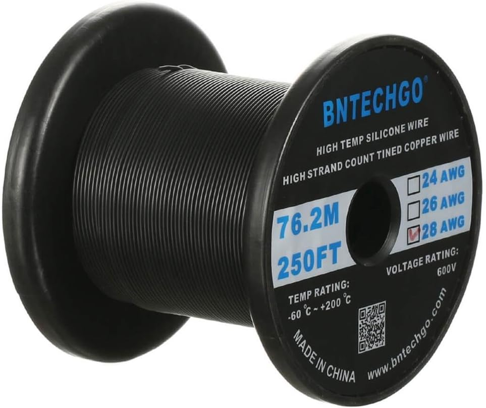 BNTECHGO 28 Gauge Silicone Wire Spool Black 250 ft Ultra Flexible High Temp 200 deg C 600V 28 AWG Silicone Rubber Wire 16 Strands of Tinned Copper Wire Stranded Wire for Model Low Impedance