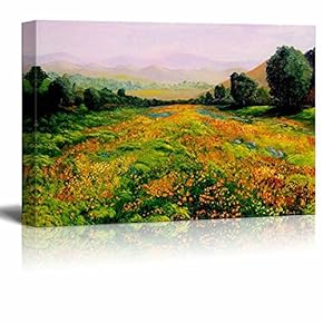 Canvas Prints Wall Art - Beautiful Scenery/Landscape of Sprint Valley with Colorful Wild Flowers in Oil Painting Style |Stretched Gallery Canvas Wrap Giclee Print & Ready to Hang -12" x 18"