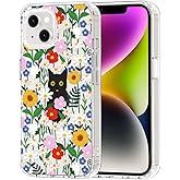 MOSNOVO for iPhone 13/14 Case | Military Grade 6.6ft Drop Tested | Clear with Black Cat in Garden Design