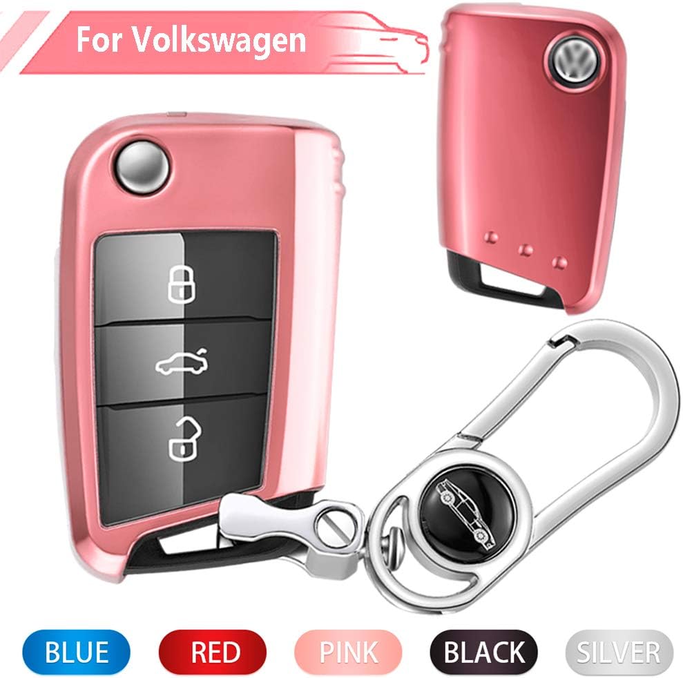 RYE Key Fob Cover for VW Volkswagen, Soft TPU Key Fob Case All-Around Protector Plating Shell Fit VW Accessories Tiguan Passat Golf GTI Skoda Octavia LaVida Sagitar Lamando Touran Key Fob - Pink