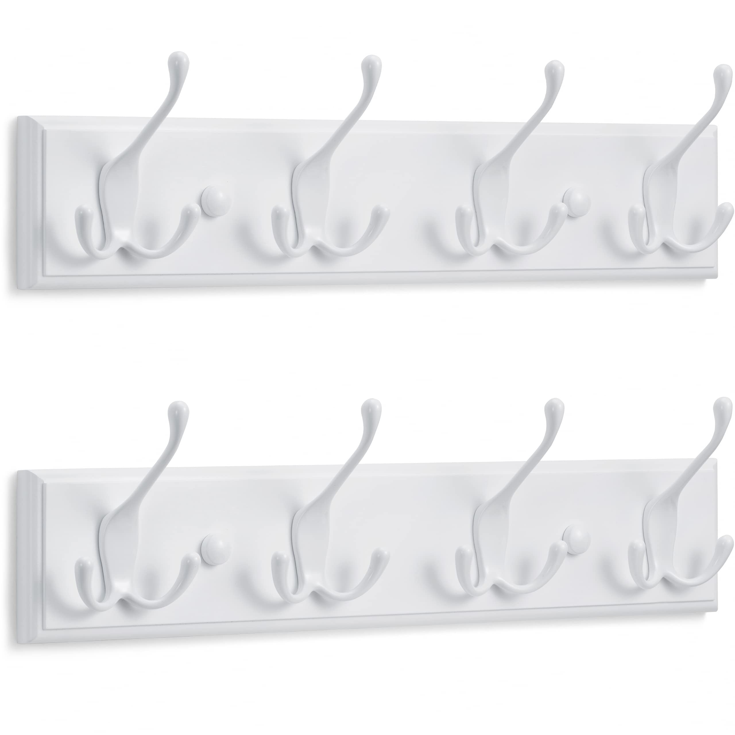 LARHN White Coat Hooks - Wall Mounted Coat Rack (2-Pack) - 4 Triple White Coat Hooks for Wall - 42 cm - All Fixings Included for Quick & Easy Installation