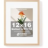 TONES FRAME DESIGN 12x16 Frame with Mat for 9x12, 12x16 Picture Frame Natural Solid Wood Veneer Finish 12 x 16 Frames with Plexiglass for Gallery Wall Photo Art Prints Home Decor