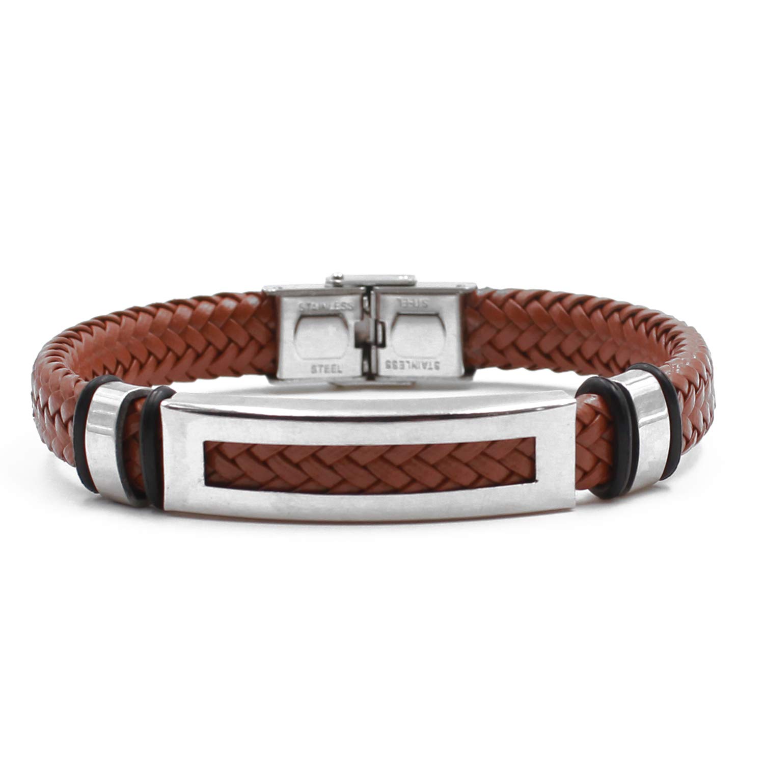 Kigu Brown Leather Braided Bracelet with a Steel Hollow Bar