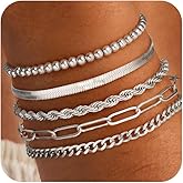 Maxcate 5PCS Silver Bracelets for Women Trendy Non Tarnish Silver Plated Rope Paperclip Cuban Tennis Beaded Link Chain Bracelet Stack Bracelet Set Silver Jewelry for Women Accessories Gifts