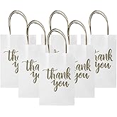 DjinnGlory 100 Pack Small Sized White Thank You Paper Kraft Gift Bags with Handles 9x5.5x3.15 Inch for Business Graduation Birthday Wedding Bridal Baby Shower Party Favors Goodies