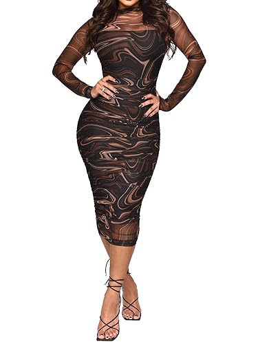 Uni Clau Women Sexy Long Sleeve Printed Sheer Mesh Bodycon Midi