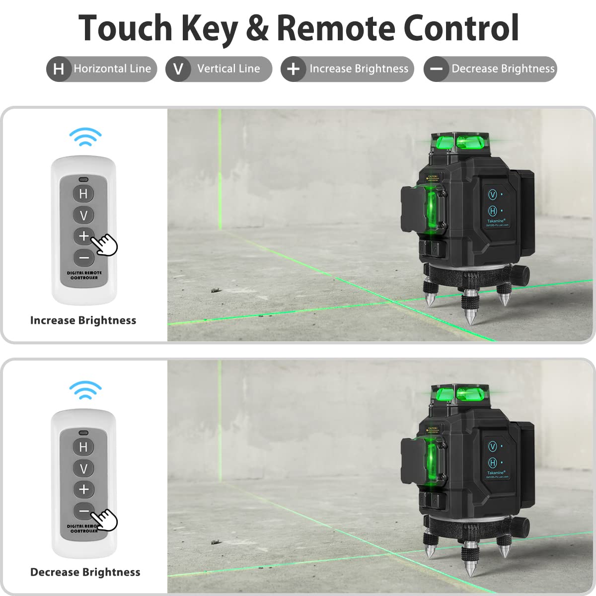Takamine 12 lines 3D Self-Leveling laser level Pro,3x360 Green Cross Line with Burst flash mode and brightness adjustment, Remote Controller, Magnetic Rotating Stand Included