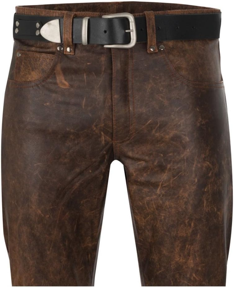 SouthBeachLeather Mens Antique Brown 5 Pocket Leather Jeans Pant