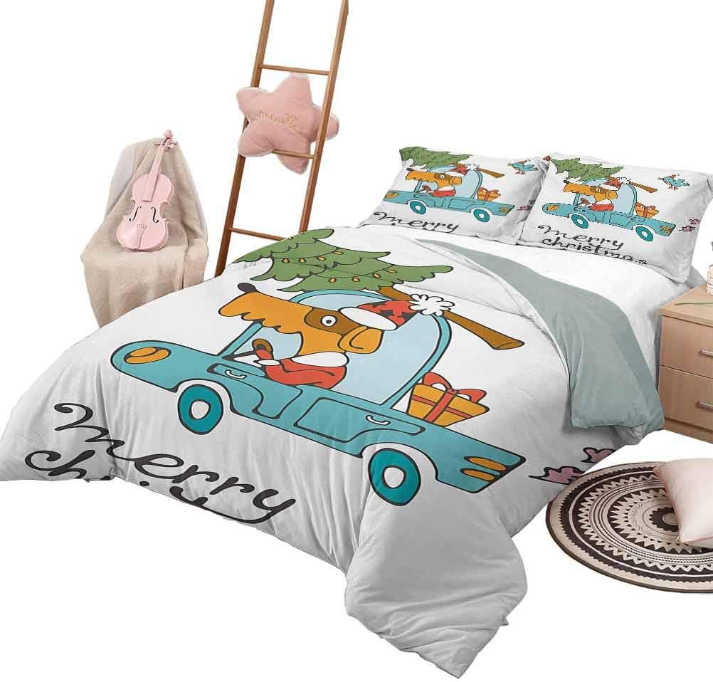 HouseLook Christmas Kids Duvet Cover Set Blue Vintage Car Dog Driving with Santa Costume Cute Bird Tree and Gift Present Crib Bedding Sets White Multi with 2 Pillow Shams, Queen Size