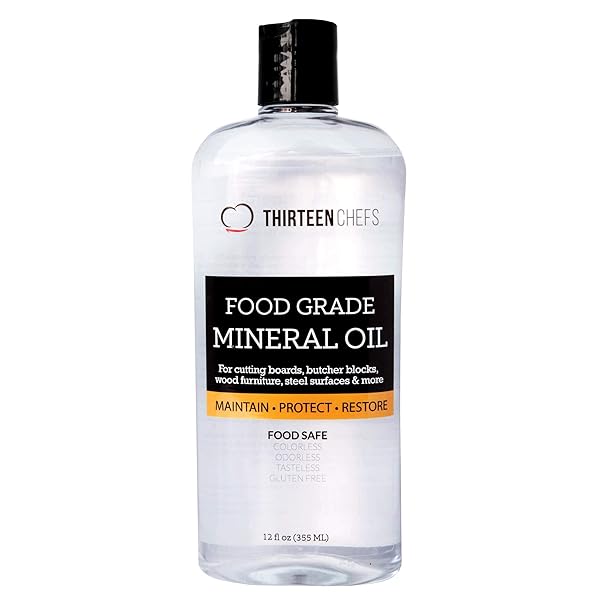 THIRTEEN CHEFS MINERAL OIL – 12OZ FOOD GRADE CONDITIONER FOR WOOD CUTTING BOARD, COUNTERTOP & BUTCHER BLOCK, LUBRICANT FOR KNIFE OR MEAT GRINDER – SAFE USP FINISH ON MARBLE, SOAPSTONE