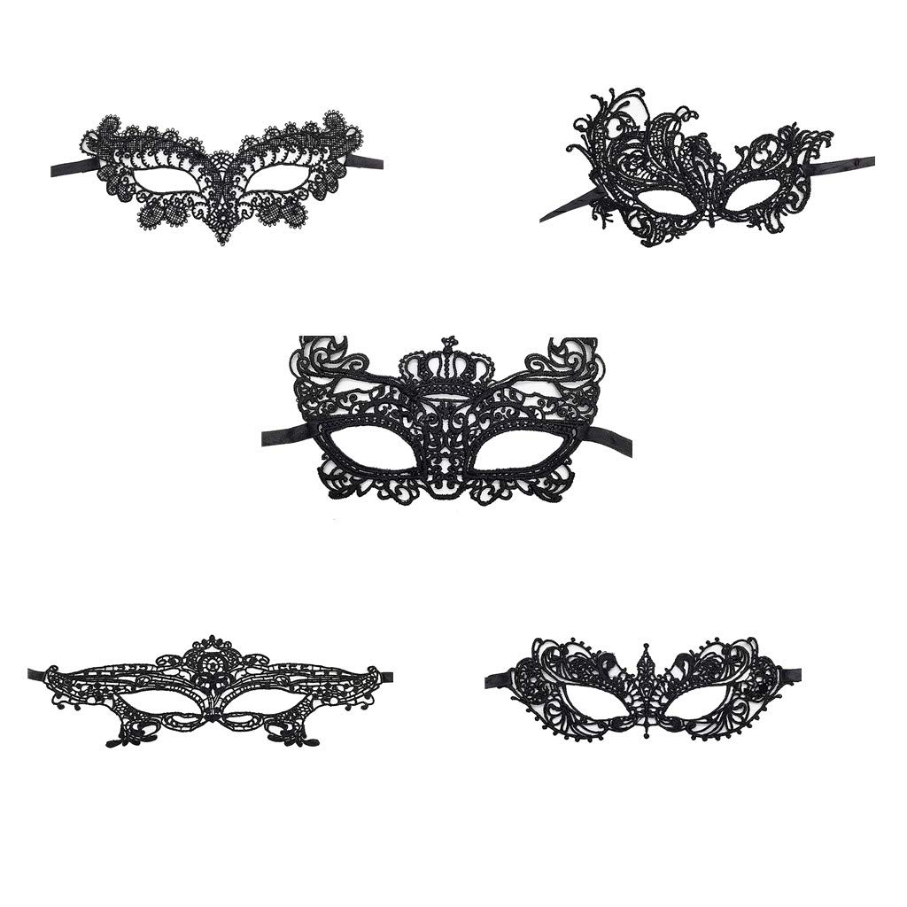 Jamron Women Sexy Black Lace Eye Mask for Masquerade Halloween Party Prom Ball Carnival Dress Mask 5PCS Set Queen SN07830