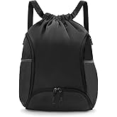 Valleycomfy Sports Gym Bag Drawstring Backpack with Shoes Basketball Bag and Two Water Bottle Holder,Black
