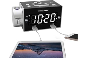HANNLOMAX HX-135CR Alarm Clock Radio with Projection, PLL FM Radio, Dual Alarm, Dual USB Ports for 2.4A and 1A Charging, 1.2 