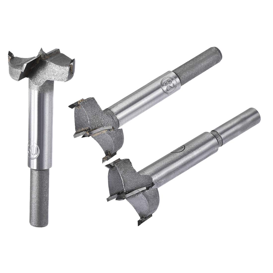 sourcing map Forstner Wood Boring Drill Bits 27mm 28mm 30mm Dia. Hole Saw Carbide AlloySteel Tip Round Shank Cutting for Hinge Plywood Wood Tool 3in1 Set