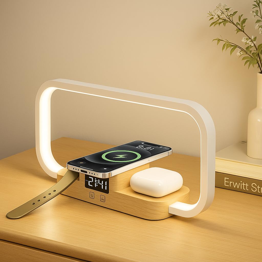 Photo 1 of LED Bedside Lamp with Wireless Charger, 3 in 1 Touch Control Bedside Lamp, 5 Color Mode & Dimmable, Desk Lamps with Clock for Nightstand, Table Night Lamp for Bedroom, Gifts for Women, Men, Friends