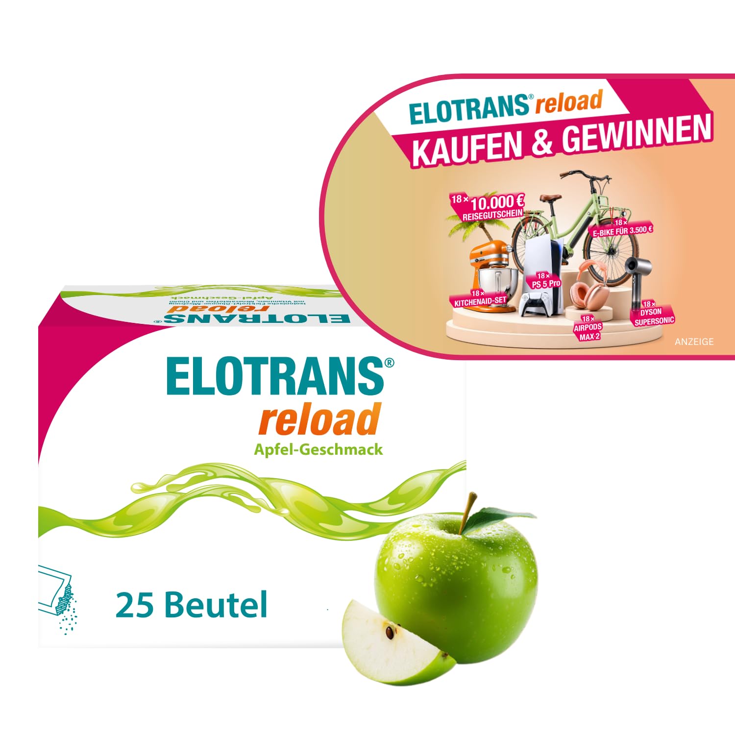 ELOTRANS reload - isotonische Elektrolyt-Glucose-Mischung - Nahrungsergänzungsmittel mit Magnesium, Kaliumchlorid, Cholin und B-Vitaminen - 1 x 25 Beutel - Apfel-Geschmack