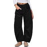 HOTIAN Womens Corduroy Pants Barrel Mid Rise Elastic Waist Loose Comfy Casual Baggy Trouser with Pockets