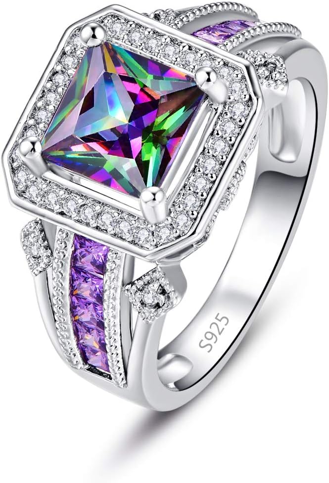 Empsoul 925 Sterling Silver Women's Princess Cut Filled 7x7mm Purple & Rainbow Topaz Cubic Zirconia Dainty Eternity Aniversary Wedding Ring Size 7