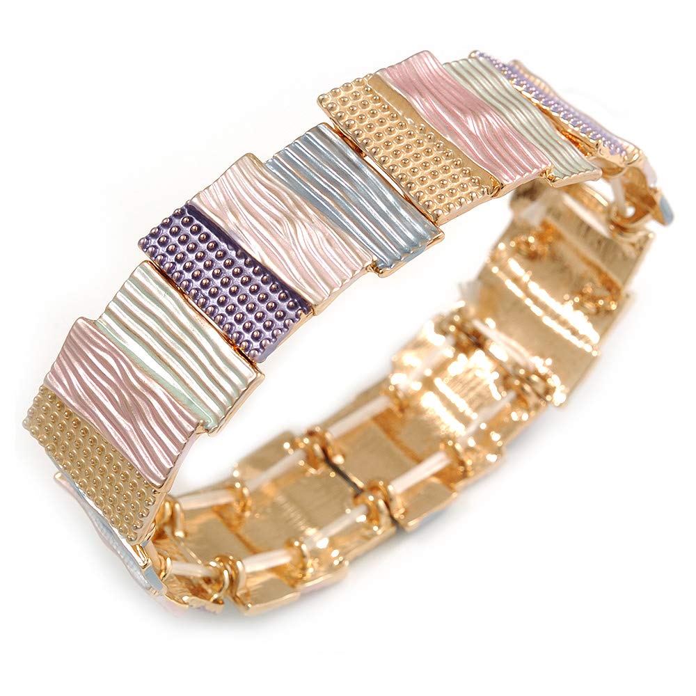Avalaya Pastel Multi Enamel Geometric Hammered Flex Bracelet In Gold Tone - 20cm Long