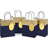 WRAPAHOLIC 8 Pack Medium Gift Bags with Handles - 10" Gift Bags with Gift Tags for Wedding, Birthday, Baby Shower, Party Favors - Navy & Gold
