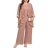 TIARALY Plus Size 3 Piece Formal Pantsuit Mother of The Bride Groom Sets with Chiffon Jacket Sparkly Wedding Cocktail Outfits