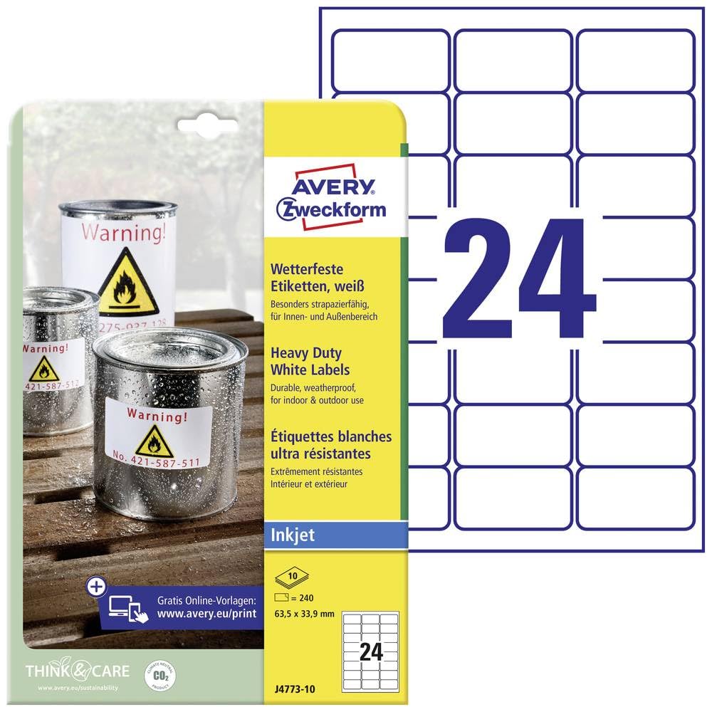 Avery Heavy Duty Labels Inkjet 24 per Sheet 63.5x33.9mm White Ref J4773-10 [240 Labels]