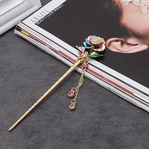cici store Women Lady Hair Stick Handmade Rose Metal Rhinestone Hair Chopsticks Hairpin (Colorful)