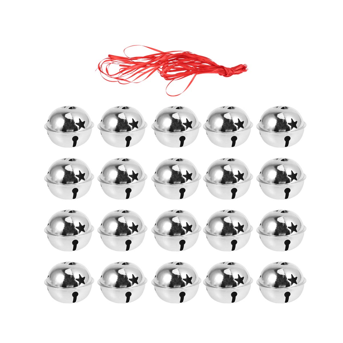 Pack of 20 Mini Christmas Bells Christmas Jingle Bells with Star Cutouts Tree Decoration Ornaments for Holiday Craft Decorations with 10 Ribbon 4 cm Golden 4 * 4CM silver