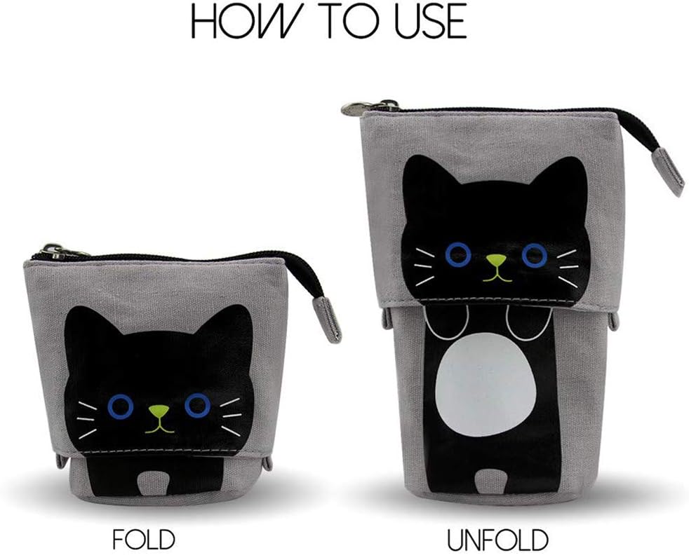 Transformer Stand Store Pencil Holder Canvas PU Cartoon Cute Cat Telescopic Pencil Organizer Makeup Bag Cosmetics Pouch Stationery Pen Case Box with Zipper for Students Boys and Girls (Grey) - Image 3
