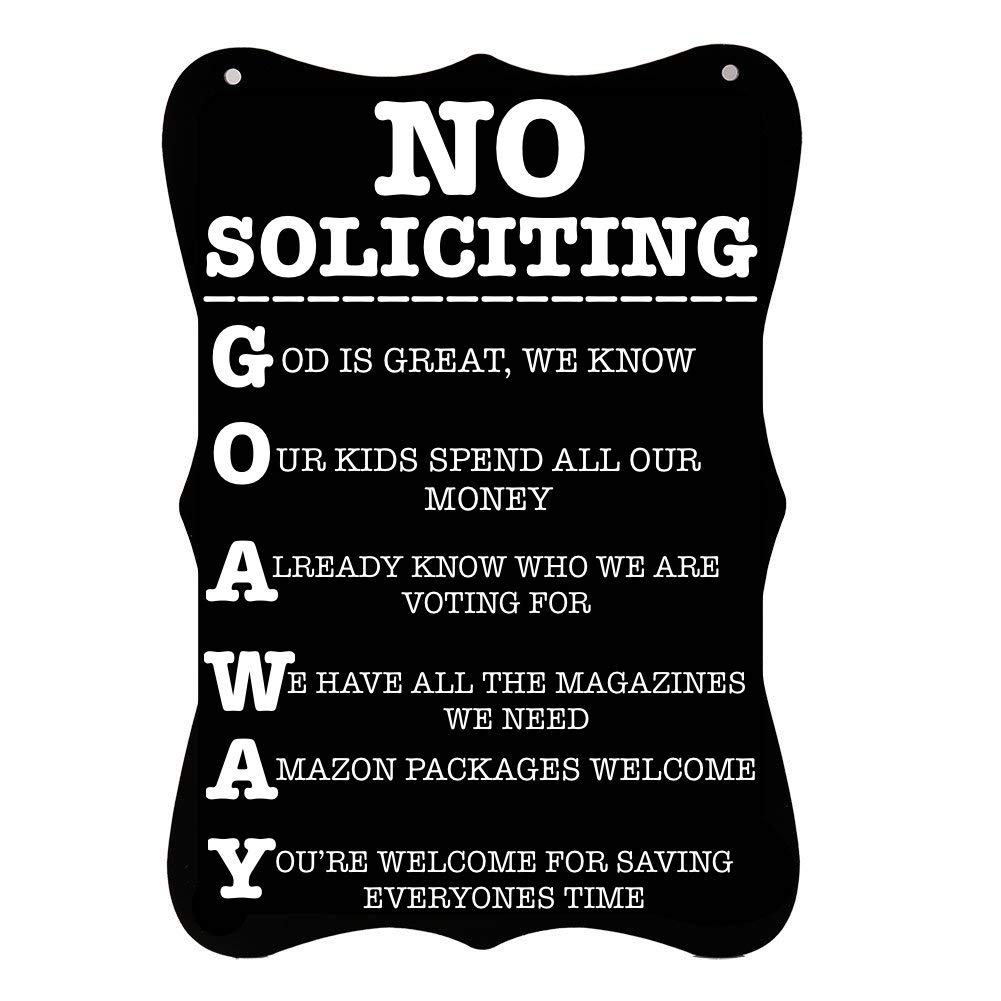 12 X 8 Door Sign to Keep Solicitors Away Decorative Home Decor for Outdoors Rope Included for Hanging at House Office or Business Quick and Easy Installation Funny No Soliciting Sign