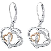 Birthstone Drop Earring 925 Sterling Silver Heart Dangle Earrings Double Heart Jewelry Gifts for Women Valentine's Day