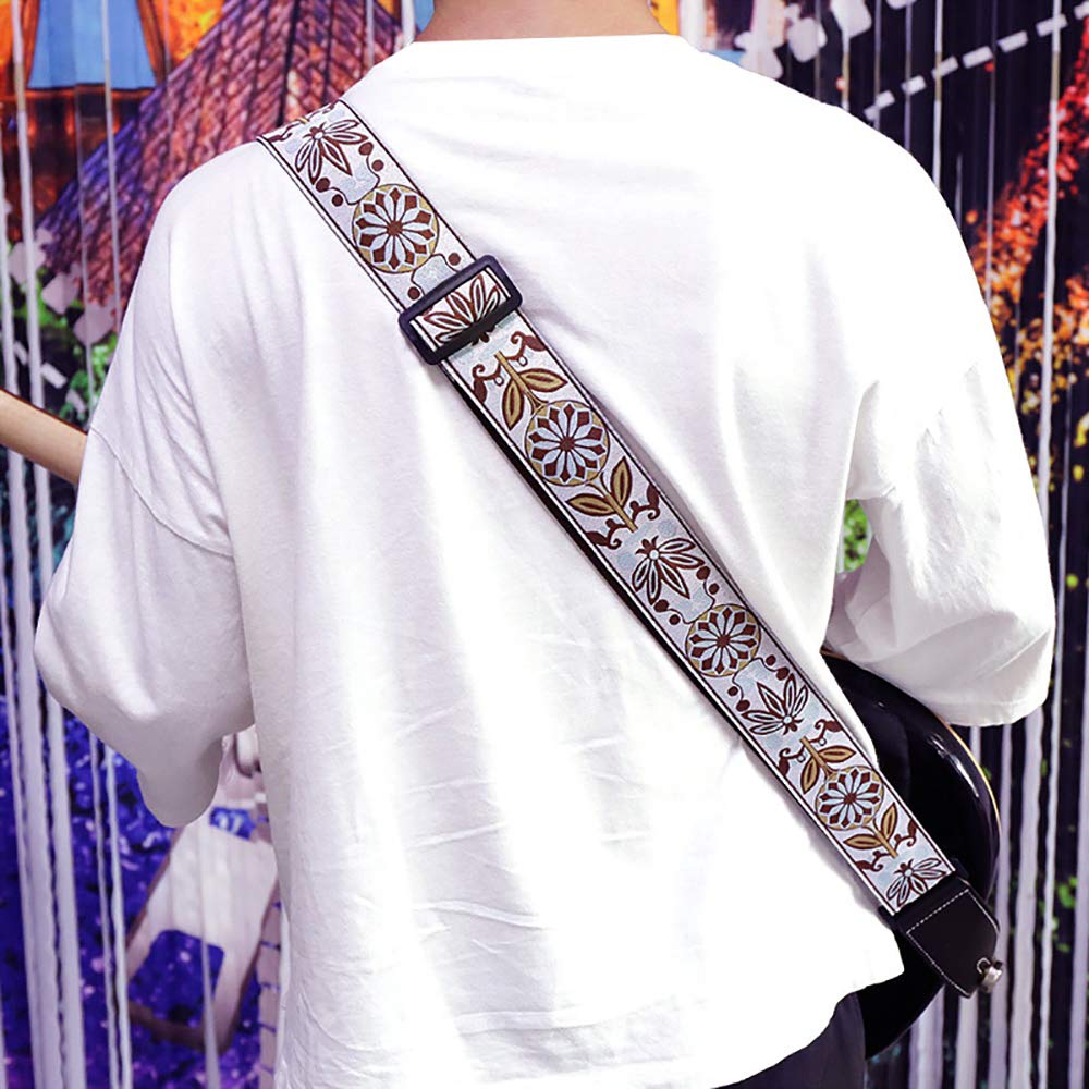 FluTune Leather Adjustable Guitar Strap - Jacquard Weave Collection Strap Set For Acoustic and Electric Guitar With Genuine Leather Ends