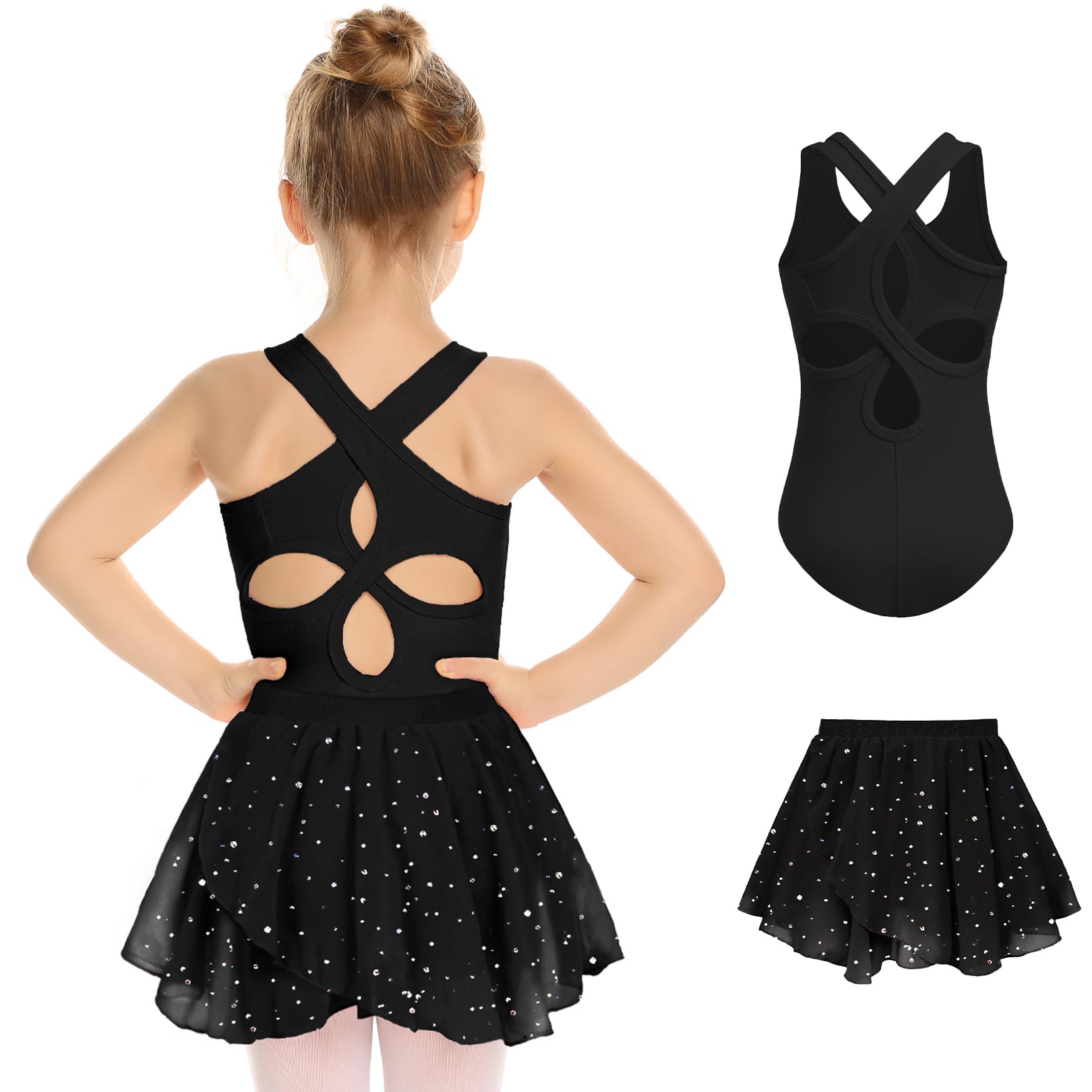 Photo 1 of Zaclotre Black Leotards for Girls Toddler Leotard Hollow Back Dance Dress Outfit with Removable Skirt Combo
