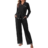 ZAFUL Women's Cotton Pajamas Sets Notch Long Sleeve Sleepwear Button Down Nightwear Soft Pjs Lounge Sets Black M