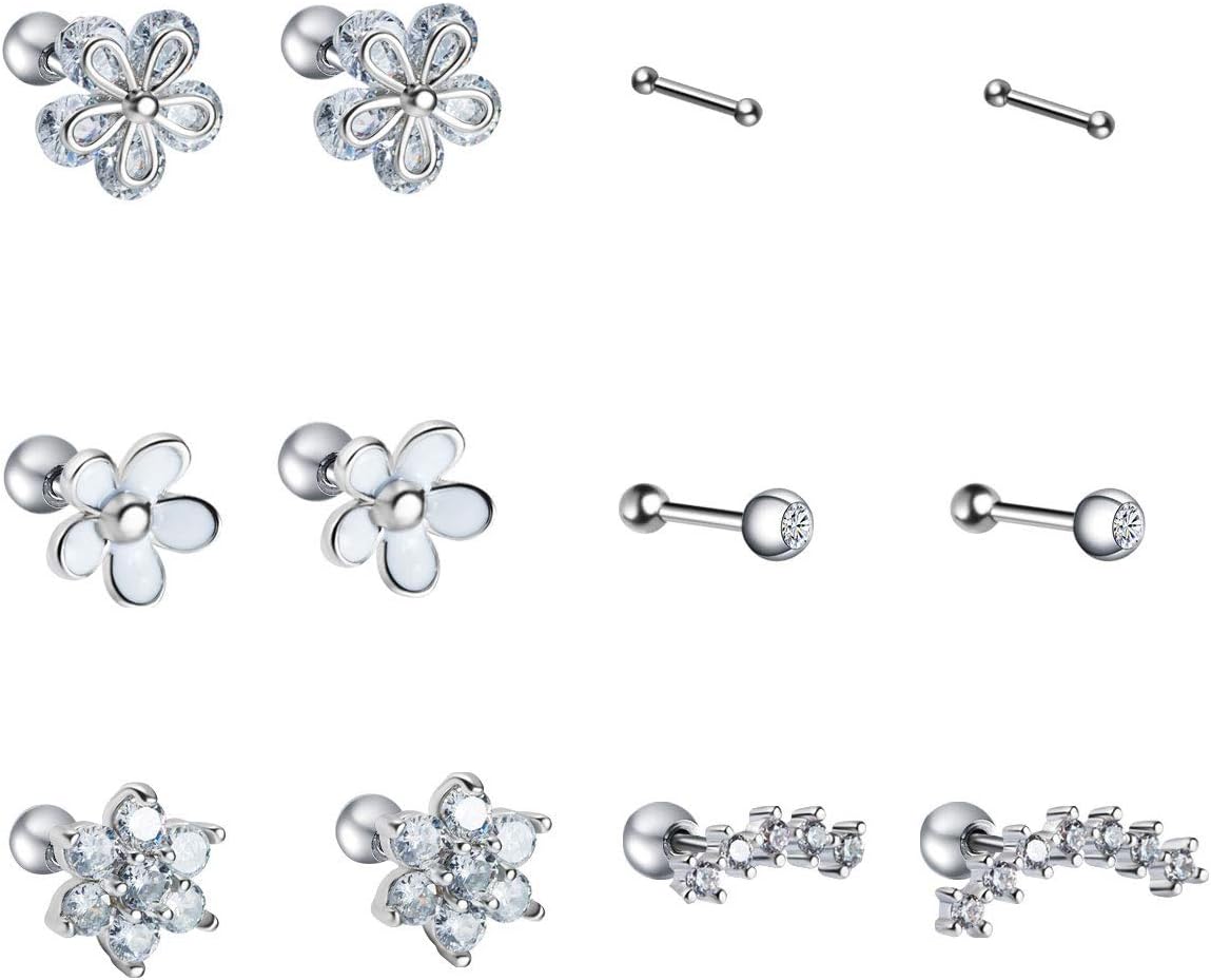 JDXN 5-6 Pair Stainless Steel Ear Tragus Helix Conch Cartilage Piercing Set CZ Flower Earrings for Women