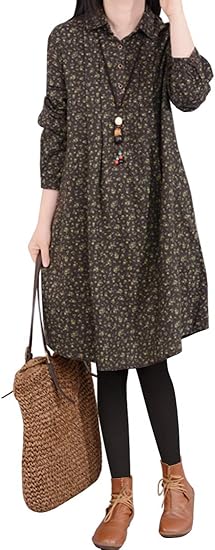 Amazon ワンピース レディース 秋 春 チュニック コットン リネン 麻 ひざ丈 大きいサイズ 花柄 紺色 茶色 M Xxl ワンピース チュニック 通販