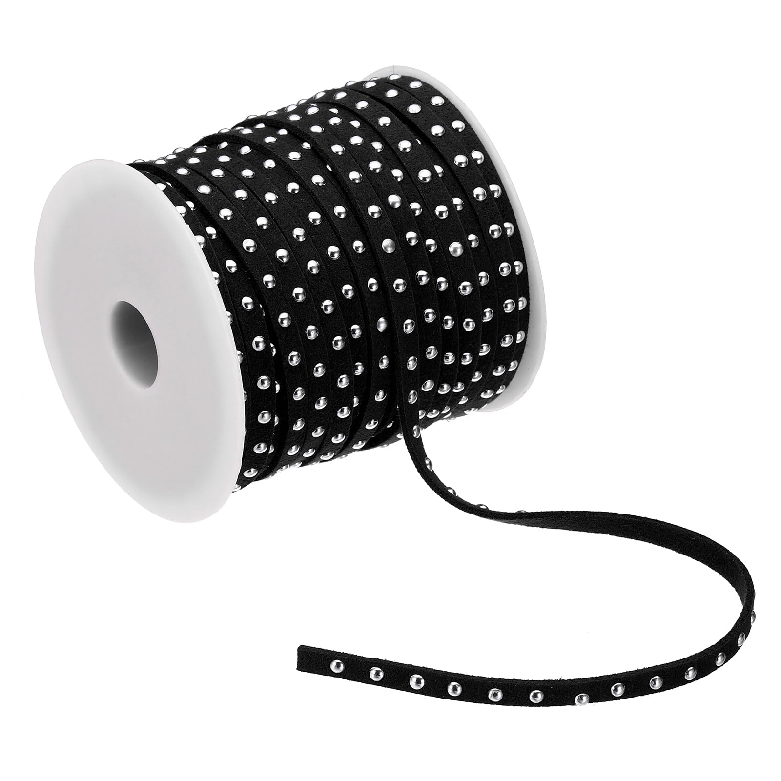 PATIKIL 65.6ft Studded Faux Suede Cord Rope for Jewelry Making, 5mm Micro Fibre Flat Leather Lace Beading String Ribbon with Rivets, Black Silver