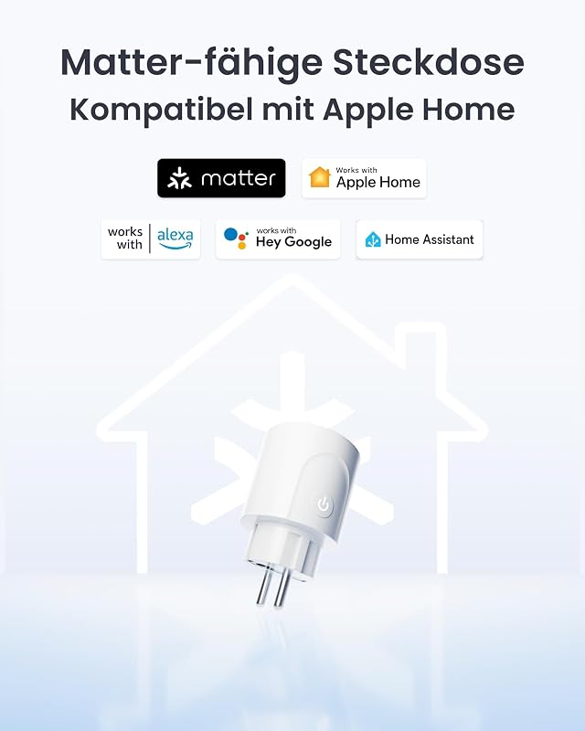 Plug Mini Matter-fähig mit Leistungsüberwachung, WLAN Steckdose kompatibel mit Alexa, Google Home, Apple Home und Home Assistant (via Matter), Sprachsteuerung, Fernzugriff, 16A Type-F
