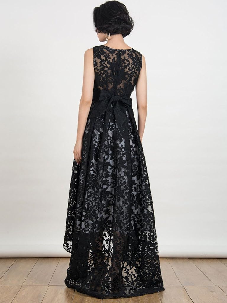 Womens Black Evening Dress Lace Layout Hi-lo Maxi Prom Dresses