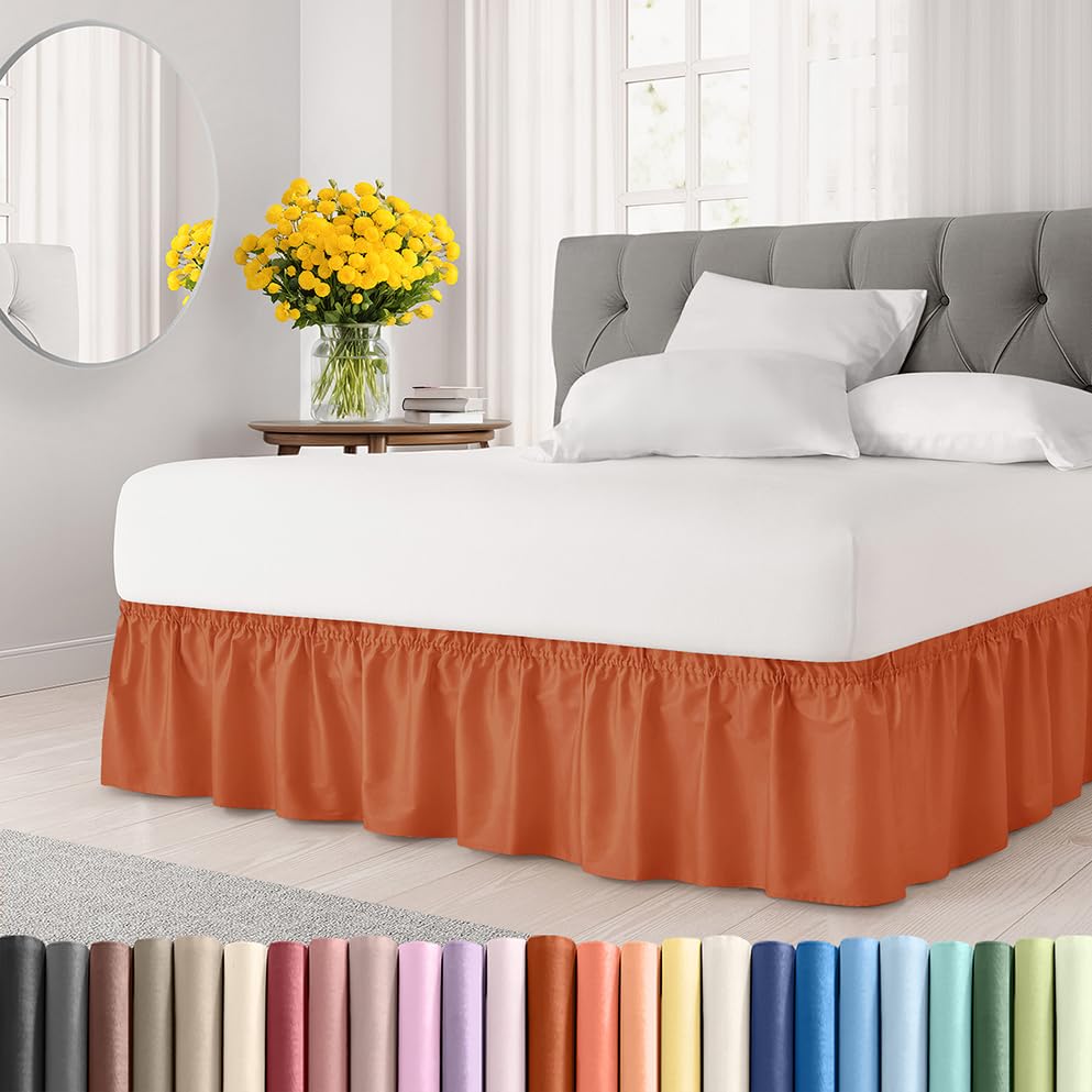 Photo 1 of Wrap Around Dust Ruffle Bed Skirt - Terracotta - for Queen Size Beds w/ 15 Inch Drop - Easy Fit Elastic Strap - Adjustable Pleated Bedskirt w/Brushed Fabric - Wrinkle Free, Women, Men, Kids & Teens