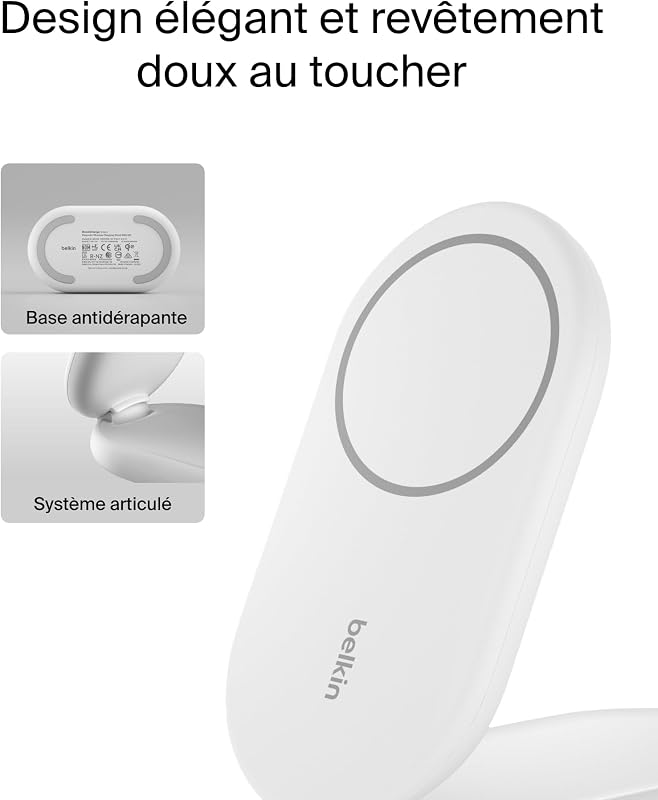 BoostCharge Socle de Recharge 2-en-1 aimanté et Pliable Qi2, 15W, Compatible MagSafe Chargeur sans Fil, Recharge Rapide, Apple iPhone 17, iPhone Air, Pixelsnap, Adaptateur Inclus - Blanc