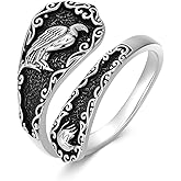 LONAGO Spoon Ring 925 Sterling Silver Black Onyx Spider/Wings/Eagle Rings Vintage Finger Open Antique Spoon Rings Adjustable Thumb Ring for Women