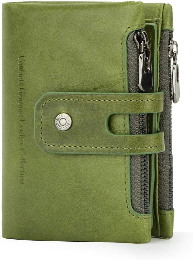 Contacts Men's Genuine Leather Coin Pouch Wallet – Small Bi-Fold With 8 Card Slots & ID Window (Green) - View #12