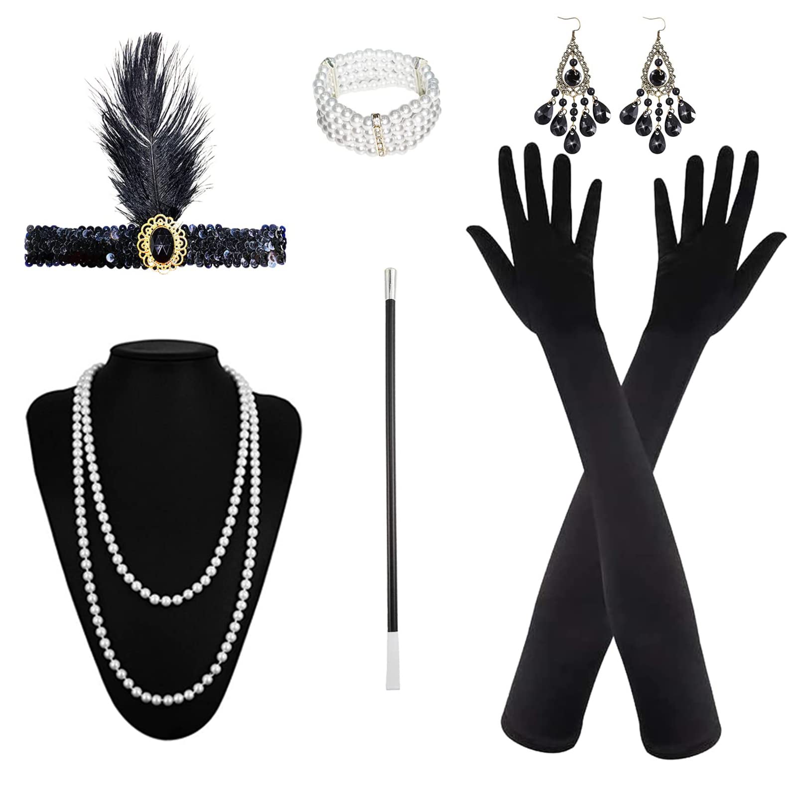 Roontin 1920s Vintage Accessories Set,Gatsby Accessories, 20's Theme Flapper Costume with Pearl Necklace Vintage Earrings Long-Gloves Bracelet-Kit Accessories for Women Black