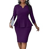 Runwind Plus Size Dresses for Curvy Women, Work Church Professional Office Vintage Peplum Pencil Dress V Neck 3/4 Sleeve