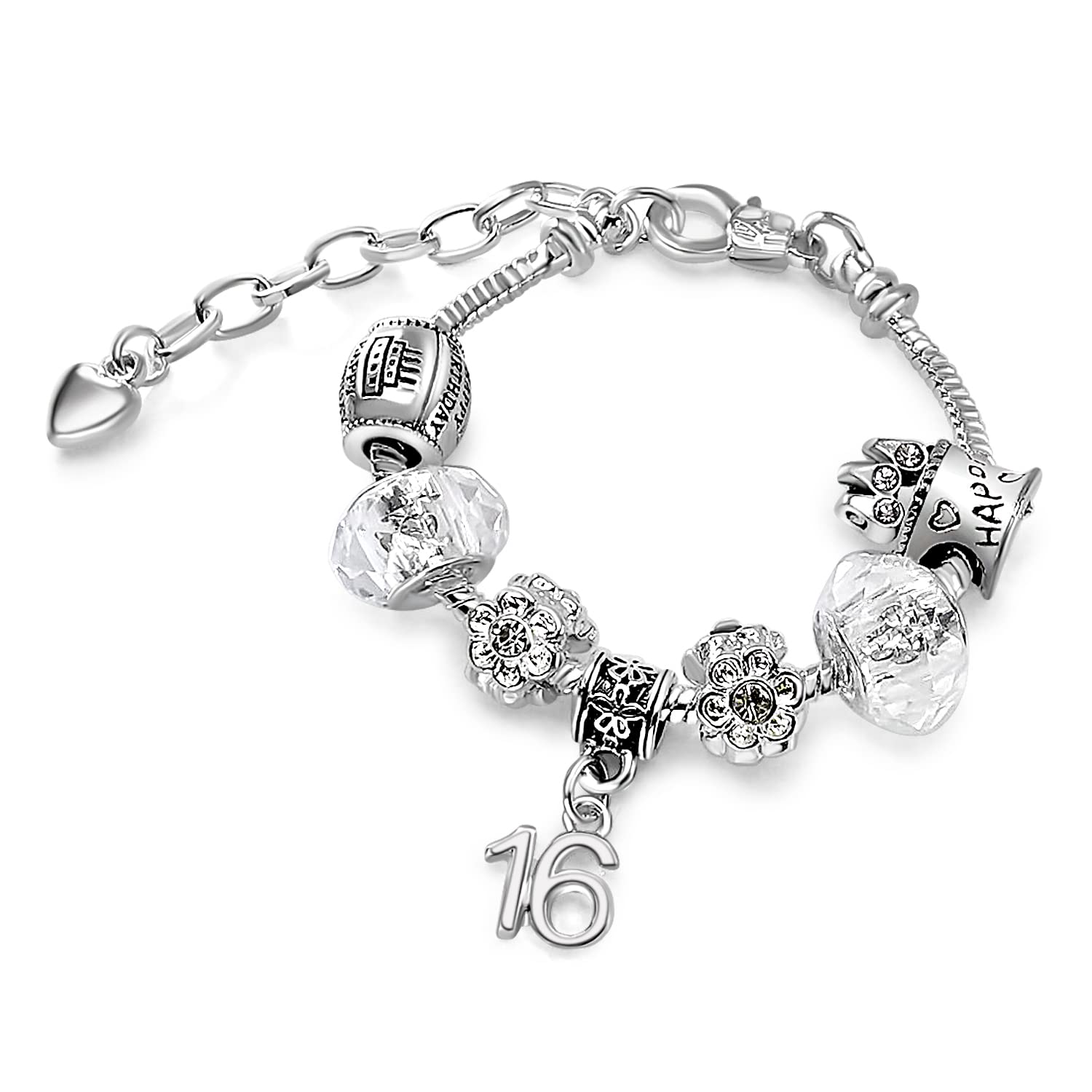 Girls 16th Birthday Sparkly Crystal Charm Bracelet with Silver Gift Box