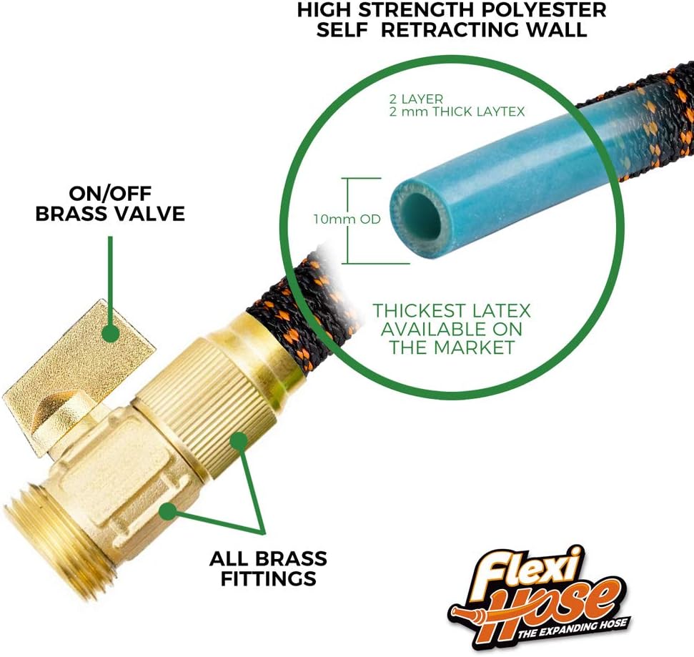 Flexi Hose Lightweight Expandable Garden Hose | No-Kink Flexibility - Extra Strength with 3/4 Inch Solid Brass Fittings & Double Latex Core | Rot, Crack, Leak Resistant (100 FT, Orange/Black) : Garden & Outdoor