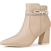 Perphy Rhinestone Bow Pointed Toe Chunky Heel Ankle Boots for Women