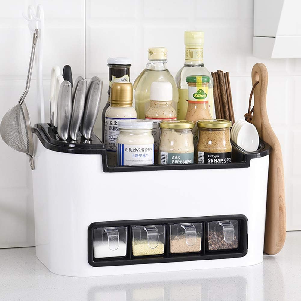 Multifunctional Kitchen Combination Storage Rack, Multi-Function Spice Rack Organizer Storage Stand Holder for Knife, Slice, Spoon, Duster Cloth, Cutting Board, Cruet (White)