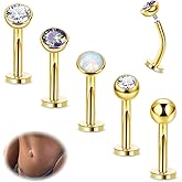Masedy 5PCS 316L Stainless Steel Floating Belly Button Rings for Women 14G Petite Flat Back CZ Belly Rings Hypoallergenic Small Opal Internally Threaded Navel Piercing Jewelry 6-16MM